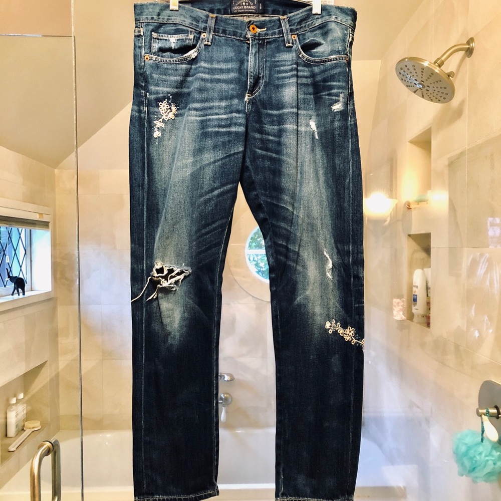 Luck brand torn and embroidered jeans! Never worn